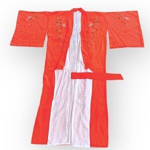 Embroidered Authentic Japanese Kimono, silk, neon orange, very unique, One size